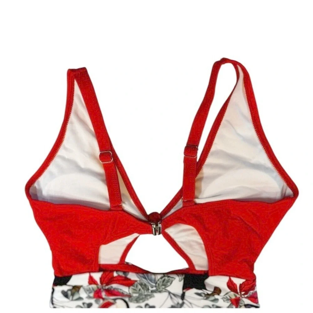 Red Tropical One-Piece Swimsuit with‎ Toucan Print